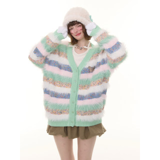 Zizifei autumn and winter american retro design green contrast striped plush soft waxy sweater cardigan jacket for women