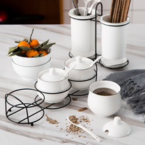 Nordic style ceramic seasoning jar three-piece household seasoning bottle jar with black iron frame chopstick tube set Drain double tube