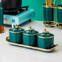 Multi-American light luxury ceramic seasoning tank three-piece seasoning bottle can combination set condiment jar Emerald