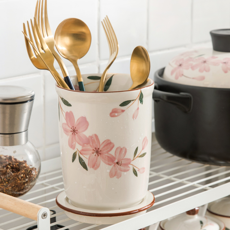 Japanese cherry blossom chopstick holder ceramic fast child storage household drainage chopstick basket large chopstick bucket single chopstick cage chopstick holder