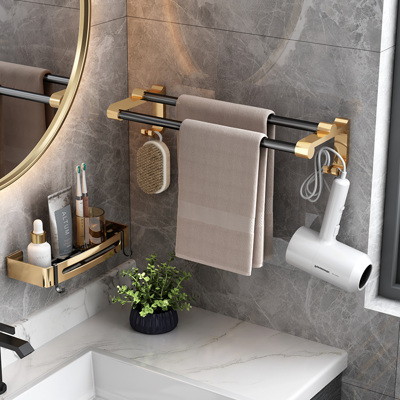 Space aluminum light luxury wind free punching bathroom shelf wall hanging towel towel rack towel rail toilet bath towel rail