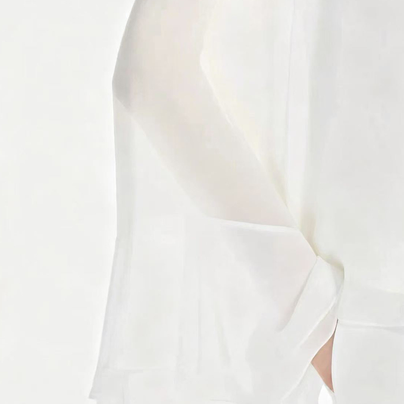 Italian Style Loose and Simple 100% Silk Shirt, Sheer Long-Sleeve Ruffle Top with Round Neck