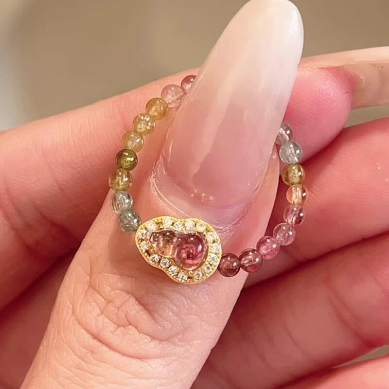 Natural colored tourmaline gourd ring for women, niche design, non-fading crystal ring, light luxury, high-end feel jewelry