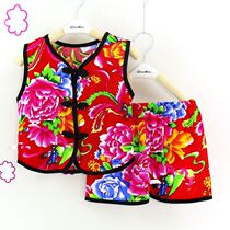 Northeast large flower cloth clothes Baby clothes Boys summer suit Childrens cotton silk pajamas thin vest shorts suit