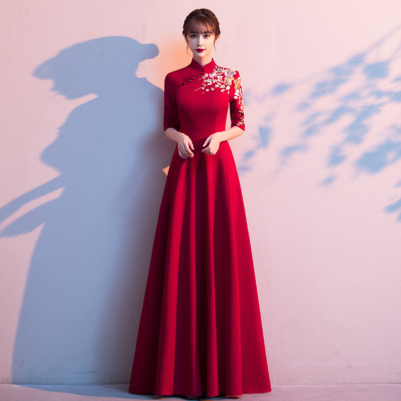 Chinese-Style Cheongsam Evening Dress 2025 Spring and Autumn New Retro Chinese-Style Toast Dress Elegant Red Long Dress for Women