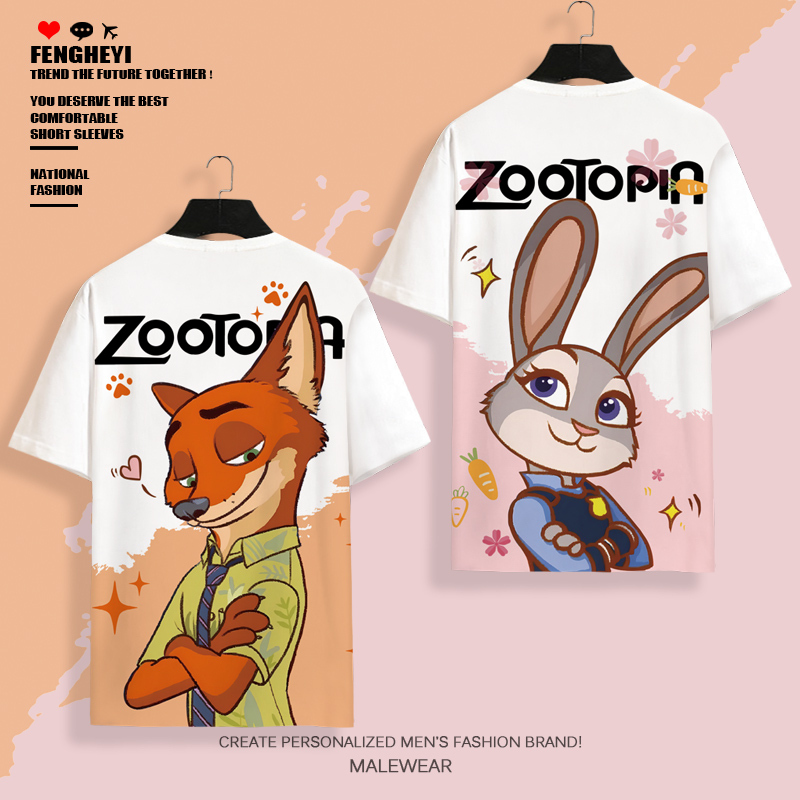 Japanese Trendy Brand Short-Sleeve T-Shirt for Men, Zootopia Judy Nick Cosplay Clothing, Large Size Thin Style Couple's Half-Sleeve Shirt