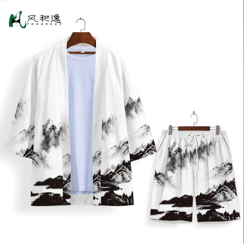 Áo nam Trung Quốc vẽ gió nam mặc retro mực cảnh quan đường robe kem chống nắng mùa hè Tang ăn mặc trung niên Han quần áo phù hợp với