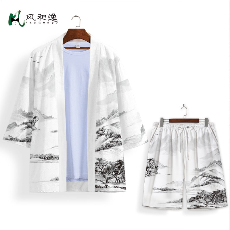 Áo nam Trung Quốc vẽ gió nam mặc retro mực cảnh quan đường robe kem chống nắng mùa hè Tang ăn mặc trung niên Han quần áo phù hợp với