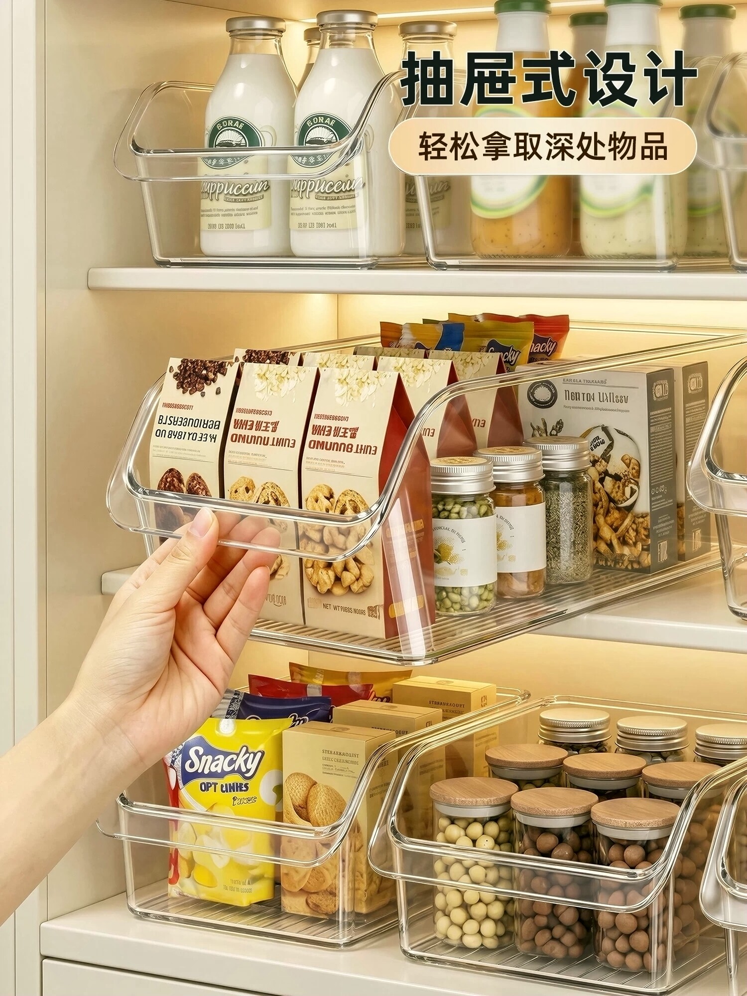 Cross-border New Kitchen Refrigerator Organizer Box Snack Miscellaneous Items Transparent Storage Basket Drawer Home Bedroom Desktop Organization