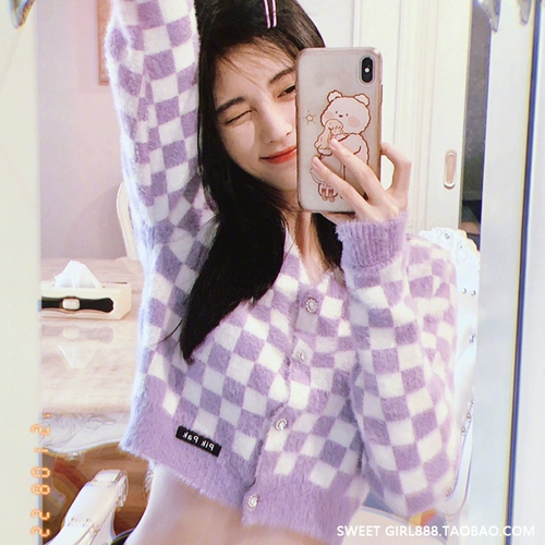 Ретро короткий бархатный свитер, сиреневый цветной трикотажный зимний кардиган