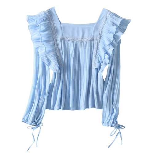 Милая рубашка, синий шифоновый лонгслив, осенняя, свободный крой