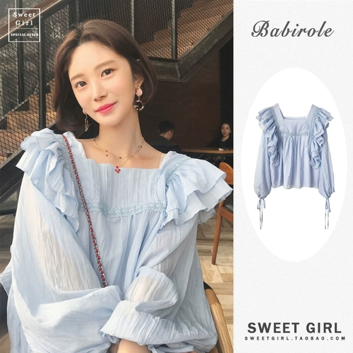 Милая рубашка, синий шифоновый лонгслив, осенняя, свободный крой