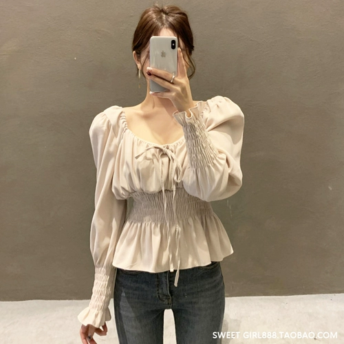 Ретро приталенная футболка, корсет, лонгслив, синяя рубашка, французский ретро стиль, квадратный вырез, рукава фонарики