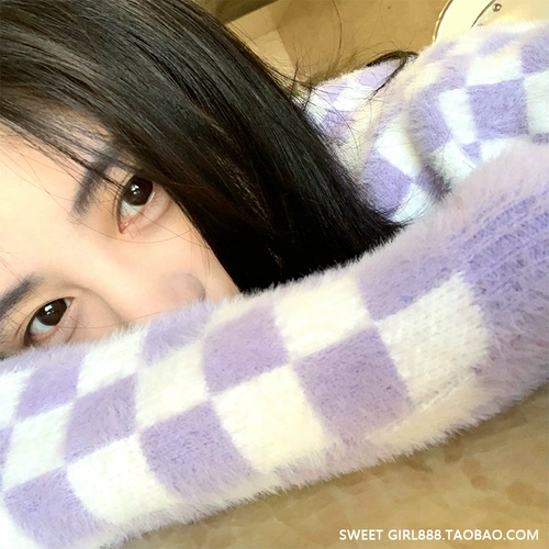 Ретро короткий бархатный свитер, сиреневый цветной трикотажный зимний кардиган