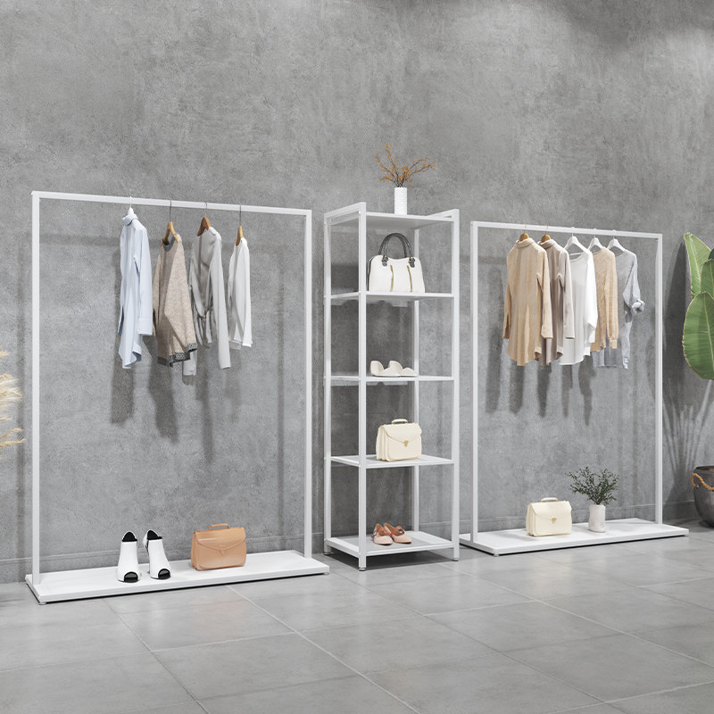 Clothing Store Show Rack White Clothing Rack Brief Iron Art Zhenghang Women's Clothing Store Shelf Side Hanging Clothes Hanger Display Floor