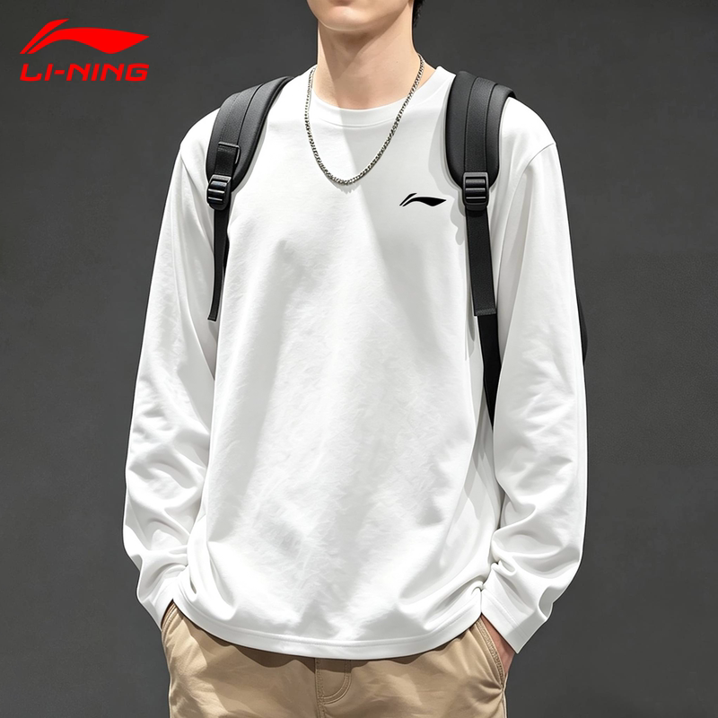 Li Ning Long-Sleeved T-Shirt Men's Autumn New White Cotton Breathable Top Youth Trendy Loose Casual Sweatshirt