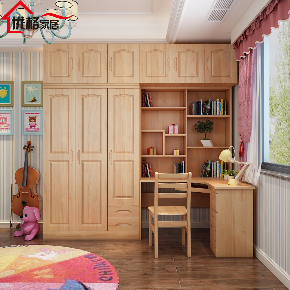 Solid wood pine white corner desk Wardrobe one-piece combination corner bookshelf plus top cabinet Children's writing computer desk