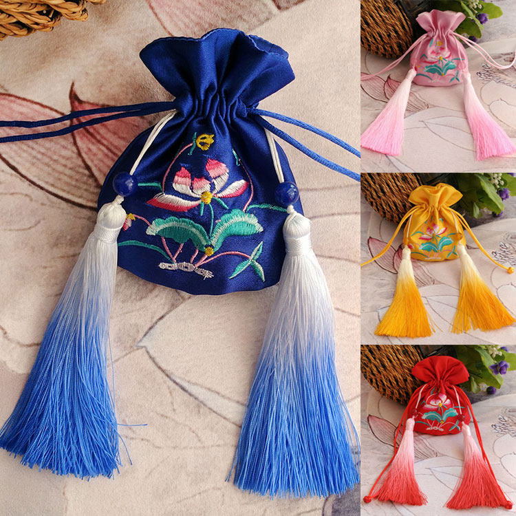 Embroidered Flowers Chinese Classical Streaming Su Gin Bag Hanfu pocketbook Accessories Brocade Balmy Bag with Jewelry Tire Hair Follicle Bag