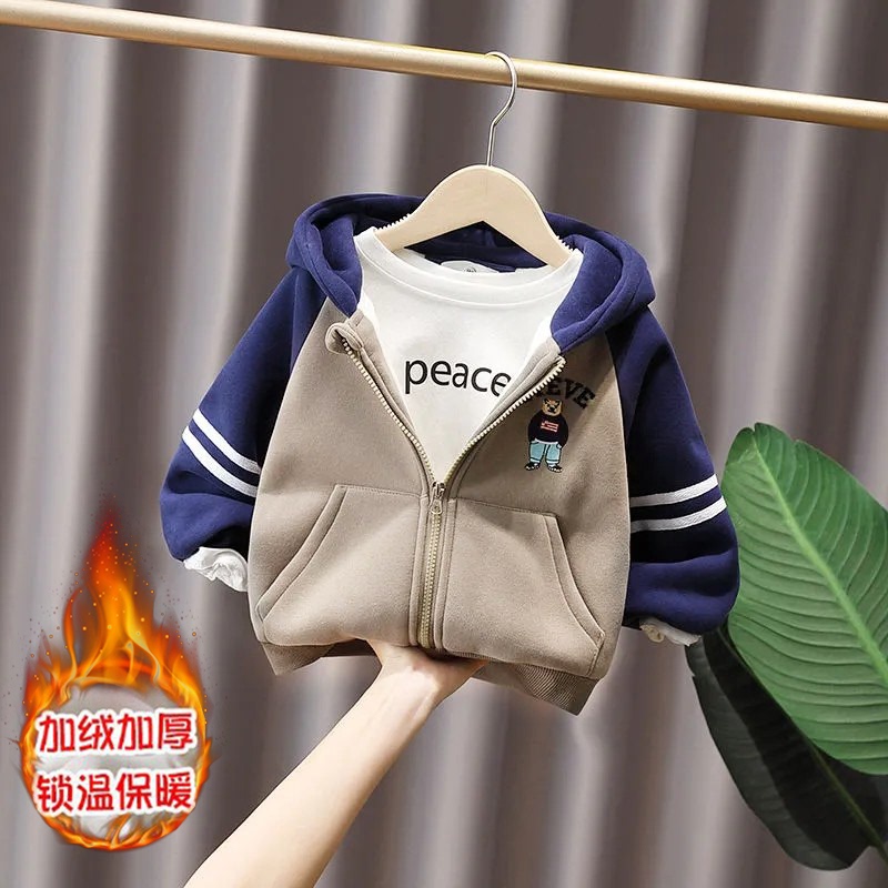 Children's Fleece-Lined Thickened Suit Jacket, Toddler Baby Autumn and Winter Cotton Coat with Hood, Zipper, Double-Layer Boys' Jacket