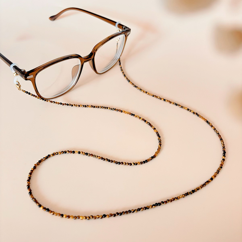 Natural Yellow Tiger Eye Stone Glasses Chain for Women, Ultra-Fine Round Bead Neck Chain, Retro Fashion Sunglasses Anti-Loss Accessory