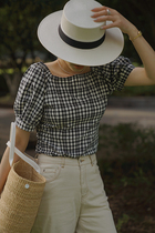 Maze Studios French style retro square collar display slim foam sleeves black and white plaid full cotton short sleeve blouse shirt