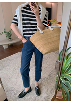 Maze Studios effortlessly retro trendy feel wool heaveny round collar loose striped knit short sleeves