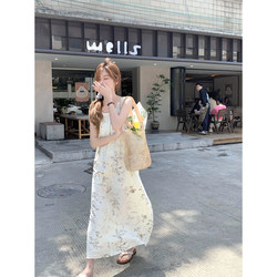 Cheese Rabbit ink printed suspender dress for women 2024 new retro Chinese style A-line skirt slimming long skirt