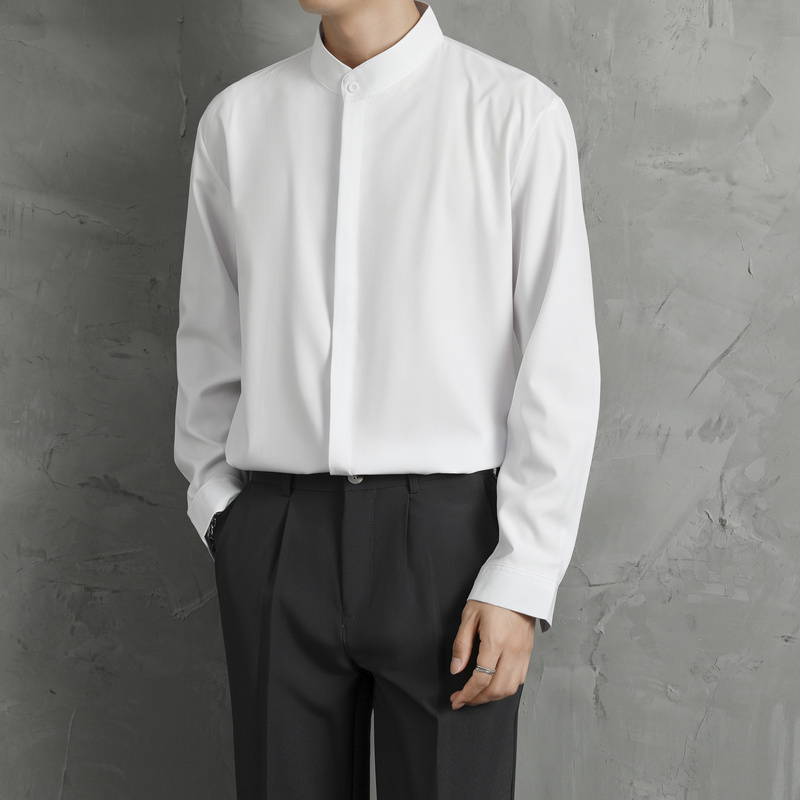 New Chinese-Style Stand-Up Collar Long-Sleeve White Shirt for Men, Drapey Ice Silk Casual Business Wrinkle-Free Zhongshan Suit Short-Sleeve Shirt Trendy