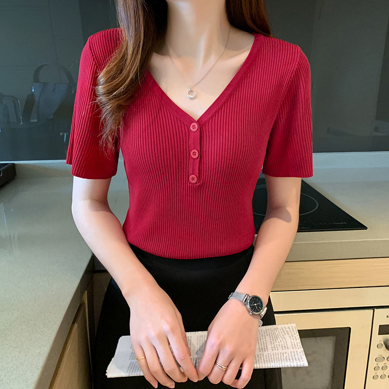 Clearance Pickup 2023 Summer New V-neck Ice Silk Knitwear Women's Thin Short Sleeve T Shirt Undershirt Short Top 