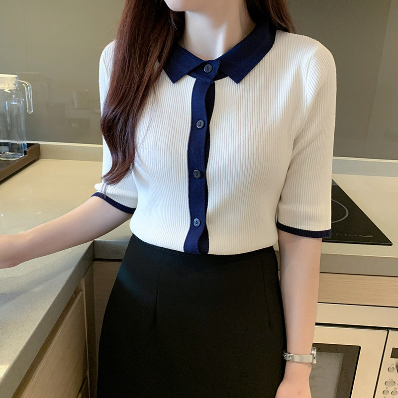 Turn-over-knitted sweatshirt female inner hitch undershirt 2022 Summer new sashimi sweater 50% sleeves Short blouse
