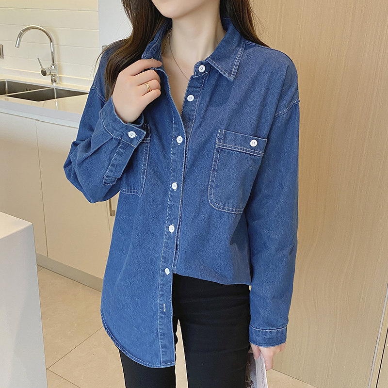 Blue denim shirt woman medium long version 2022 Spring autumn new Korean version loose long sleeve shirt jacket blouses