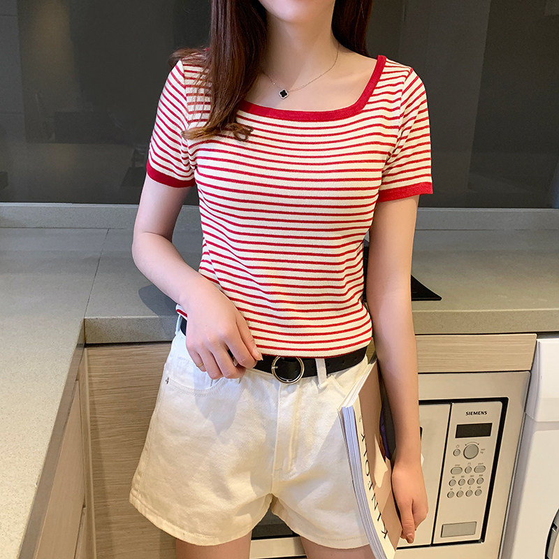 2022 Summer new slim fit 100 lap short sleeve T-shirt striped ice silk knit cardiovert woman short half sleeve blouse