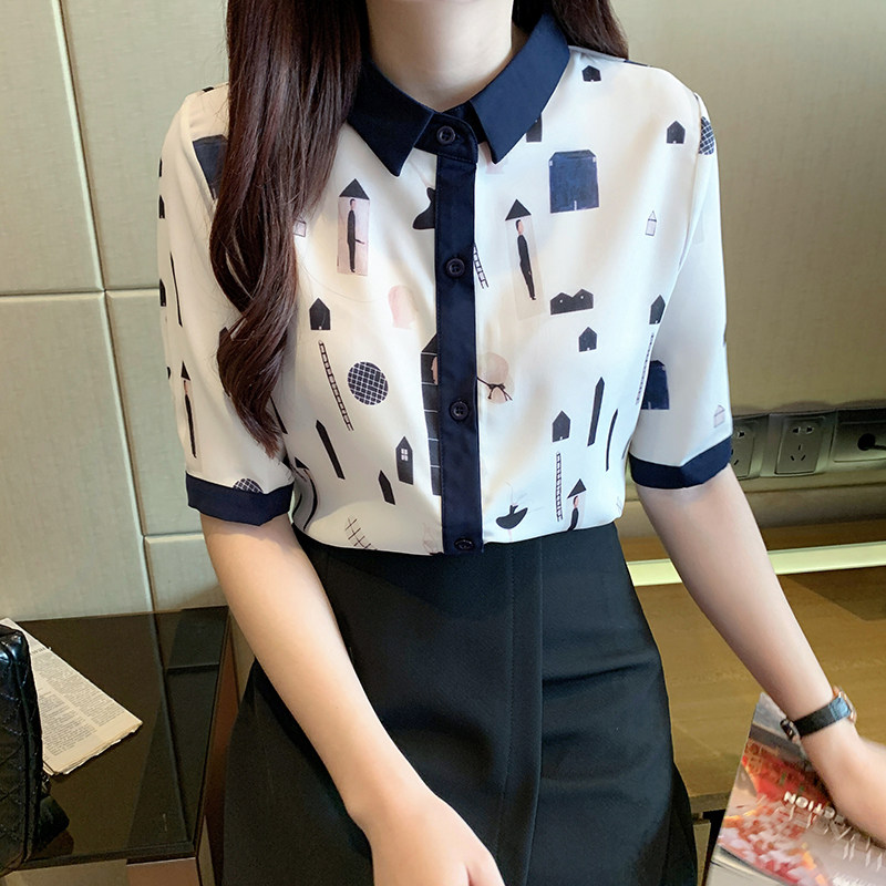 Short Sleeve Shirt Woman Design Sensation 2022 Summer new white printed shirt Harbour Snow Spinning Thin blouse