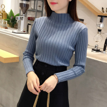 2022 Spring new Korean version small frescoed jacket headcoat female half high collar blouse slats bottom-knitted sweatshirt woman long sleeve