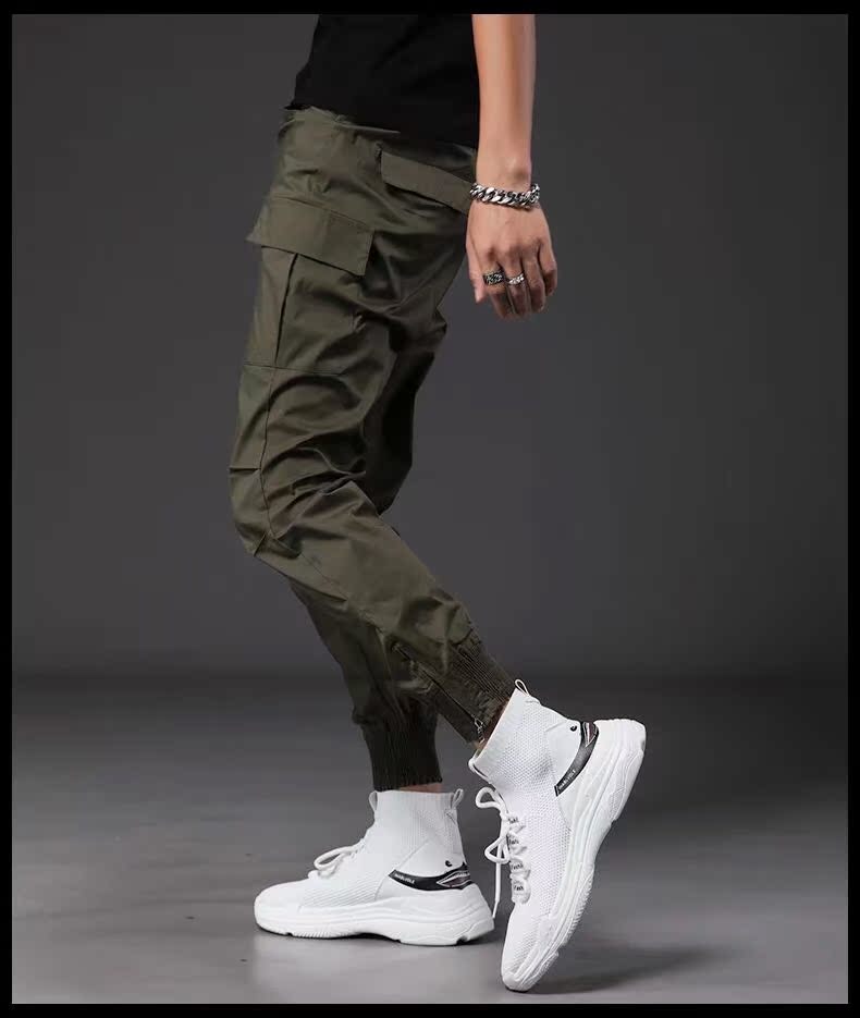 Chức năng Guochao overalls quần nam dây kéo lỏng quần chân chân quần nam Harlan cộng với quần nhung chân quan ao nam