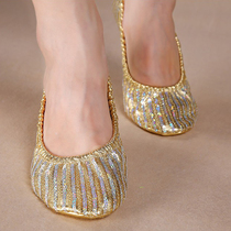 Gold straight pattern sequined belly dance practice shoes Oriental dance performance shoes soft-soled flat-soled dance practice shoes performance shoes