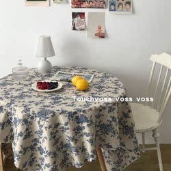 Retro Blue Floral Tablecloth Ins Style Niche Rose Picnic Cloth Photography Photo Background Cloth Cotton and Linen Coffee Table Cloth