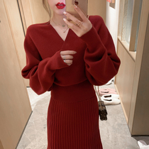 ByYou fashion knitted suit women autumn and winter New loose V-neck sweater waist knee pleated skirt two-piece set
