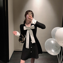 ByYou2020 winter temperament V-neck thick knitted dress womens new style bow waist skirt