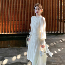 ByYou new summer style beautiful long-sleeved backless white chiffon dress with waist and wide swing long skirt fairy skirt