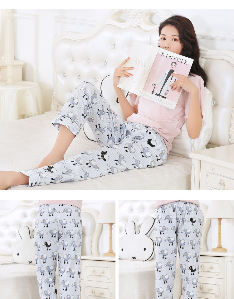 Quần ngủ nữ điều hòa phù hợp với mùa thu dài dệt bông hoạt hình tháng cotton nhà quần quần lỏng phần mỏng mùa hè quần jean ống rộng nam