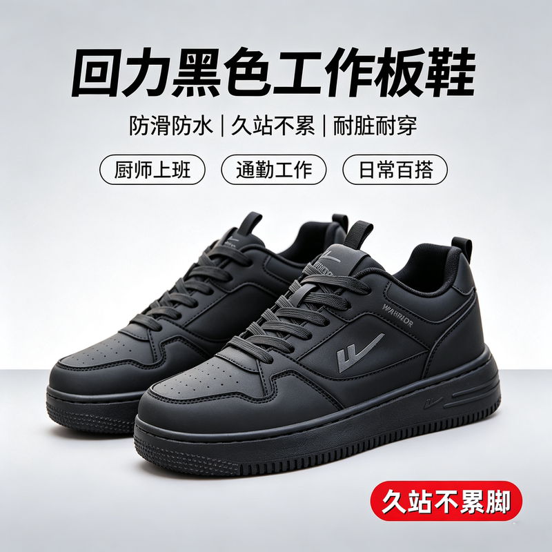Pull-Back Men's Sneakers, Autumn Black Leather Non-Slip Breathable Work Shoes, Waterproof Chef Oil-Proof Commuting Shoes