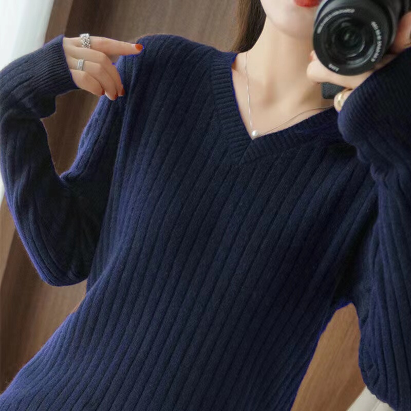 Foreign Trade Export Italian Brand Original Surplus Stock Autumn and Winter Wool Sweater for Women, Loose Fit, Solid Color, V-Neck Top