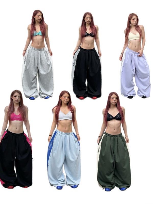 Hxien Original Double-Stitched Rivet Color-Block Embroidered Ultra-Thin Cool-Feel Sports Pants Jazz Drawstring Water-Style Sweatpants Hxien Original Double-Stitched Rivet Color-Block Embroidered Ultra-Thin Cool-Feel Sports Pants Jazz Drawstring Water-Style Sweatpants