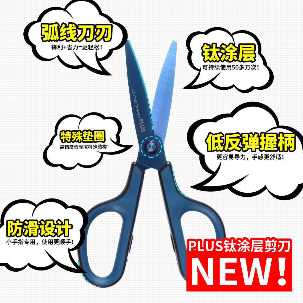 Japan Plus 175Sf Titanium-Coated Non-Stick Scissors, Rust-Free Curved Blade, Household Student Office Craft Scissors, Multi-Functional Art Scissors with Protective Cover, Non-Stick to Hands