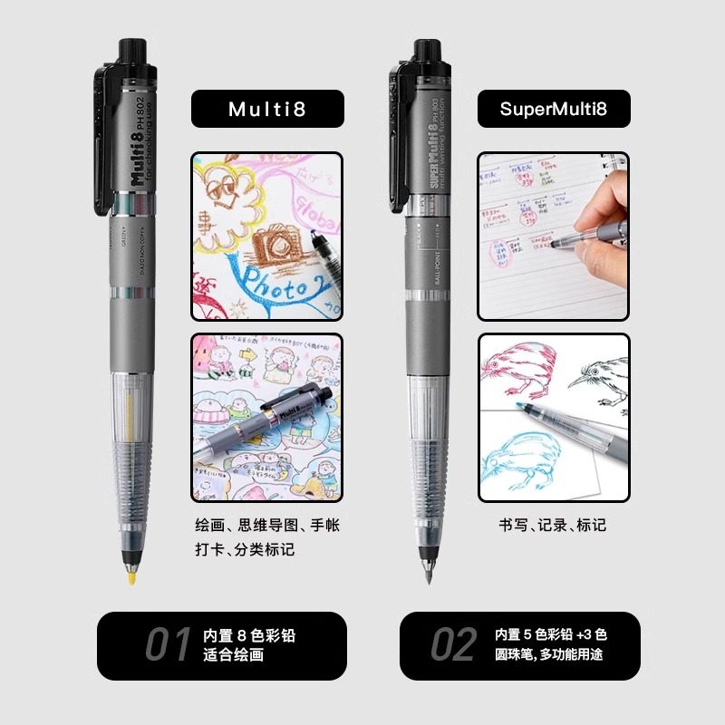 Japanese Pentel Multi+8 Colored Pencil Set, Eight-Color Multifunctional Mechanical Pencils 802/803, Award-Winning Design, Student Writing Pencils with Break-Resistant Lead, Stationery