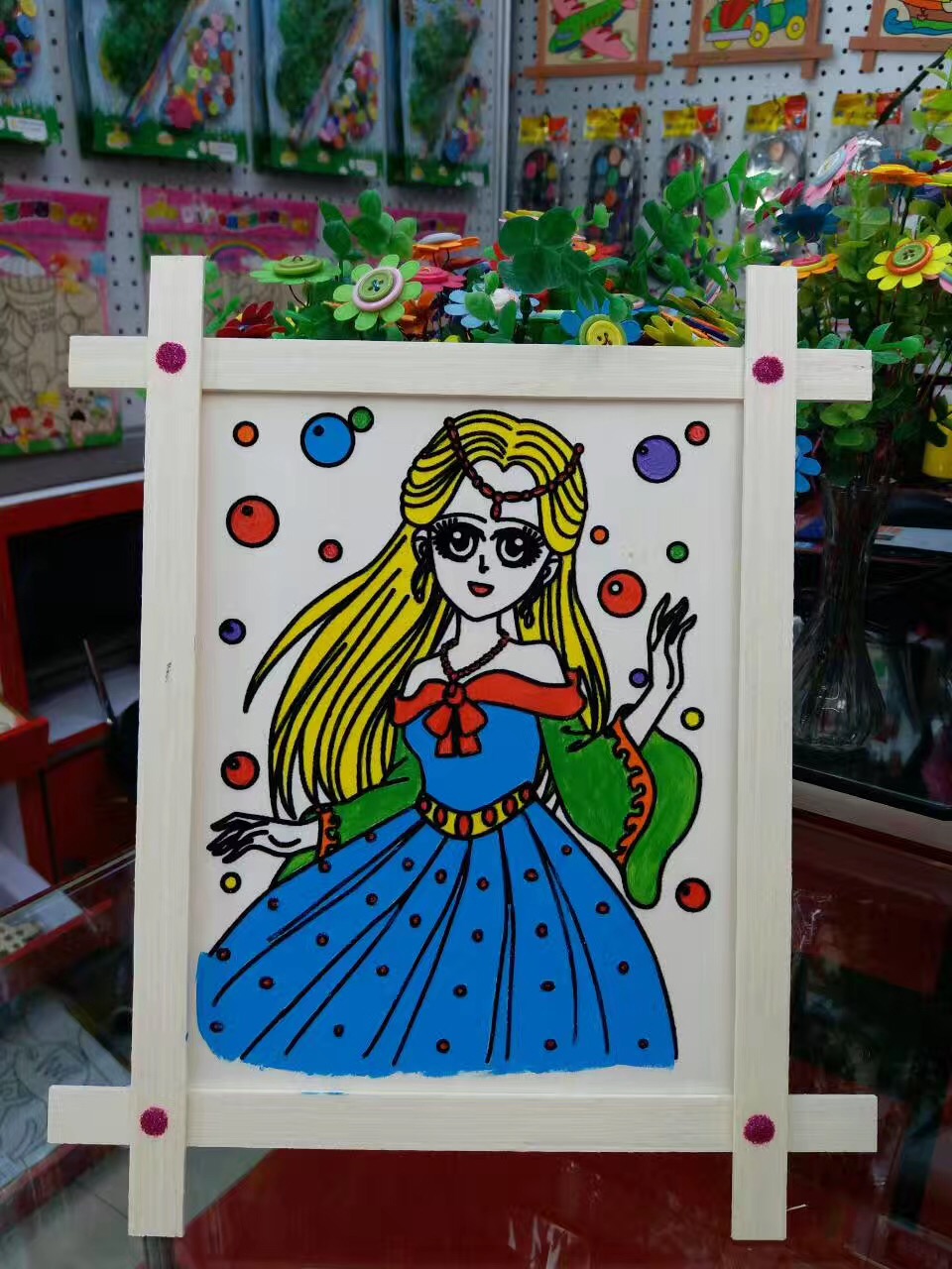 Children painted DIY watercolor painted graffiti 10-inch well word wood painted with handmade wooden frame painted snowflake pearl