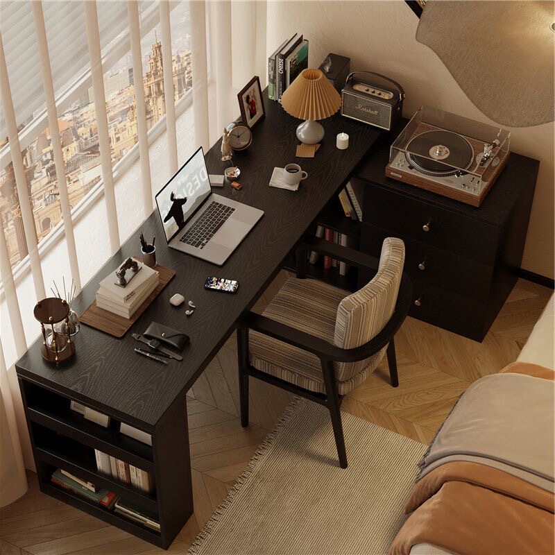 Corner Desk Home Study Table Bedroom Girls' Dressing Table Bookcase Integrated Solid Wood L-Shaped Corner Computer Desk