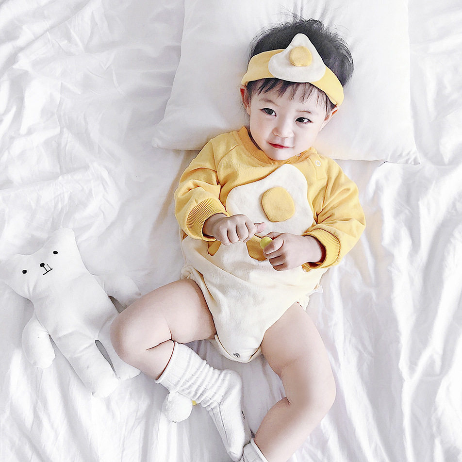 South Korea net red spring and autumn baby clothes one year old male and female baby long short sleeve yellow egg baby jumpsuit hair belt