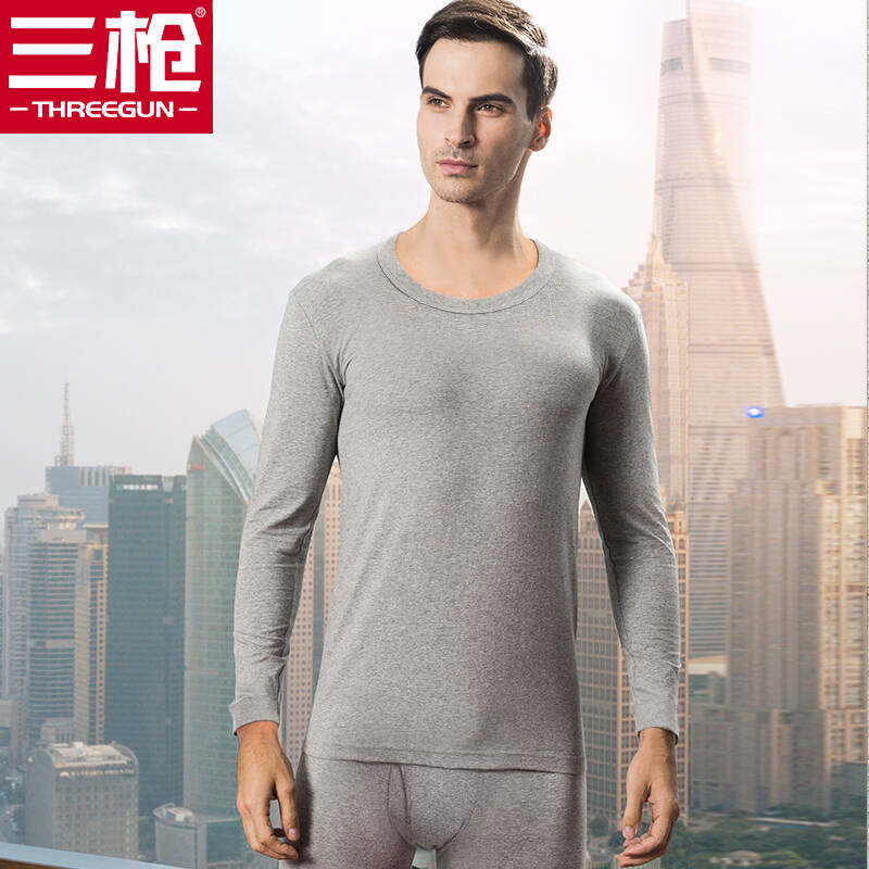 Three gun men's underwear comfortable and thin cotton round neck long sleeve full cotton underwear suit autummy sanitary pants cotton sweatpants suit